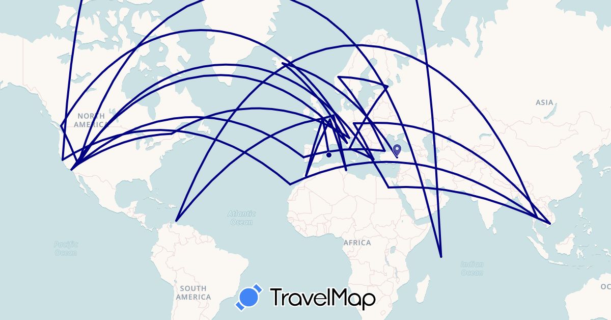 TravelMap itinerary: driving in Belgium, Canada, Czech Republic, Egypt, Spain, United Kingdom, Greece, Iceland, Italy, Morocco, Netherlands, Norway, Poland, Portugal, Russia, Seychelles, Thailand, Tunisia, Turkey, United States, Vietnam (Africa, Asia, Europe, North America)